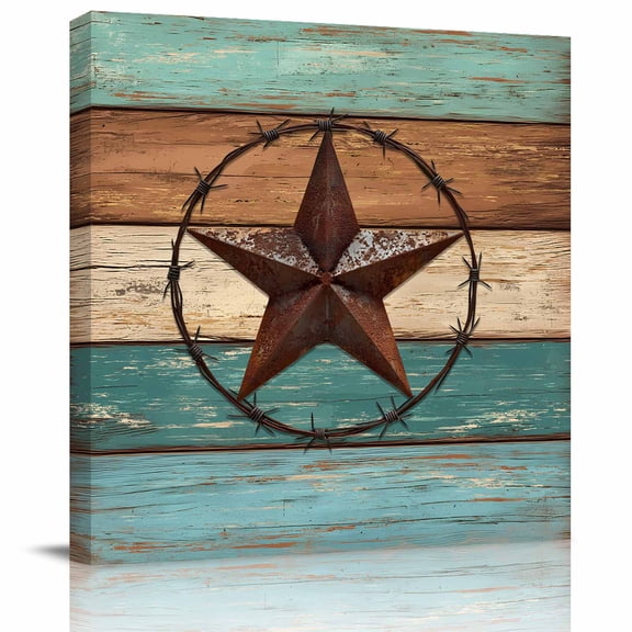 Western Star Farm Wood Board Canvas Artwork Painting Art, Country Retro Wooden Square Framed Wall Decorations Prints Picture for Bedroom Kitchen Living Room, 8x8 in
