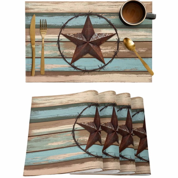 Western Star Farm Wood Board Placemats Set of 4,Wipeable Washable Table Mats for Dining Tables,Country Wooden Grain Place Mats for Kitchen Event Party Tabletop Decor