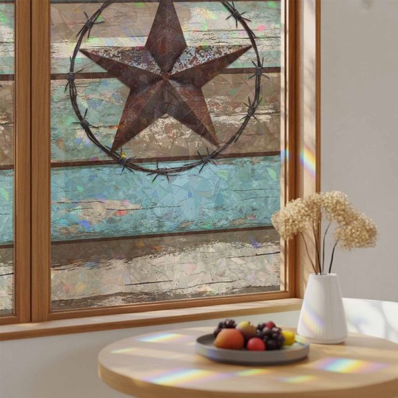 Western Star Farm Wood Board Window Privacy Film,Heat Control Sun Blocking Static Cling Rainbow Film,Country Wooden Grain Non-Adhesive Glass Sticker Door Window Tint,17.7" x 39.3"