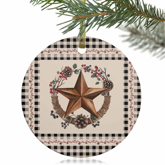 Western Star Pinecone Garland Christmas Ceramic Ornament 2025,3" Round Xmas Tree Hanging Accessories with Gold Ribbon