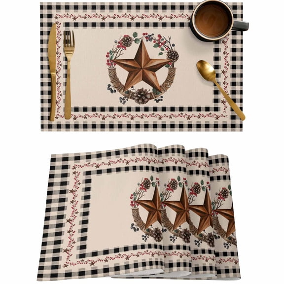 Western Star Pinecone Garland Placemats Set of 4,Wipeable Washable Table Mats for Dining Tables,Vintage Black Buffalo Plaid Place Mats for Kitchen Event Party Tabletop Decor