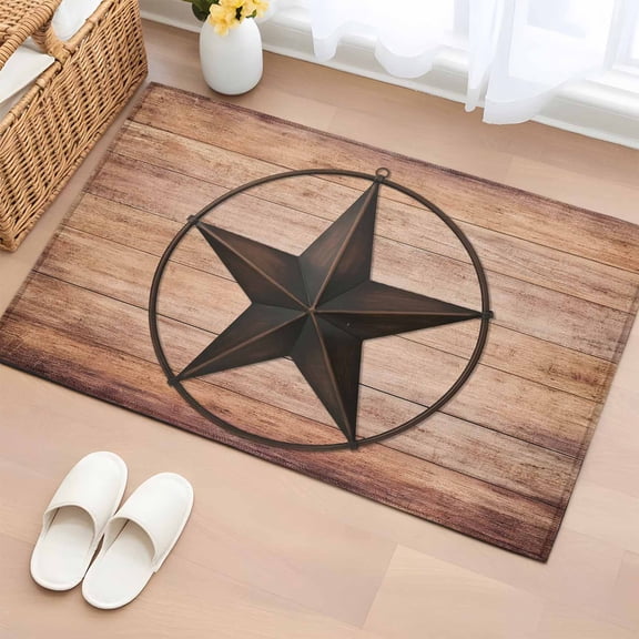 Western Star Retro Bathroom Rug Washable 2x3 Entryway Rug Non Slip Country Farmhouse Brown Wooden Grain Front Door Mat Low Pile Indoor Doormat Throw Floor Carpet for Kitchen Bedroom Entrance
