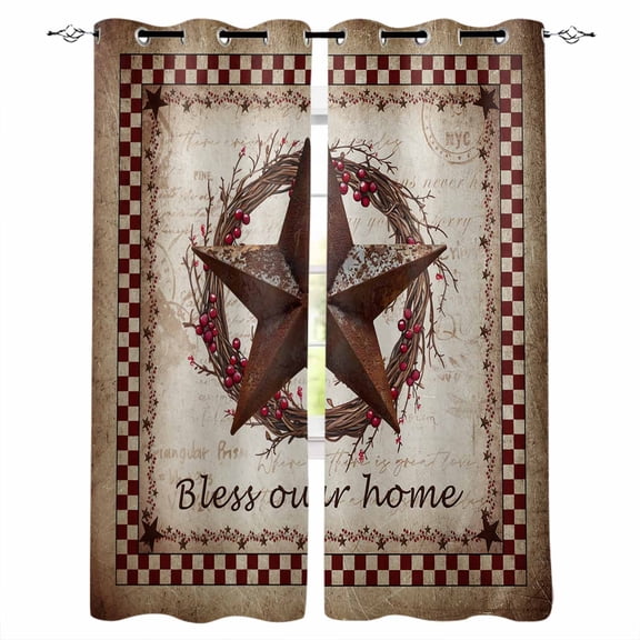 Western Star Retro Black Out Curtains 63 Inch Long, Room Darkening Draperies Curtains Panels, Country Texas Stars Res Buffalo Plaid Thermal Insulated Curtain for Bedroom Living Room 52"x63" 2 Panels