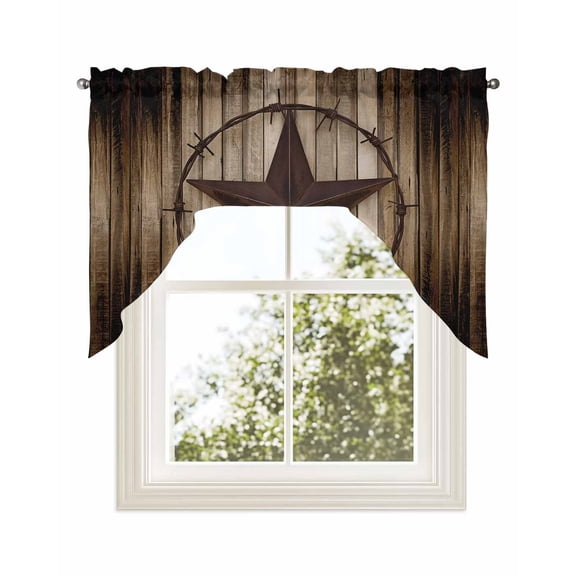 Western Star Retro Kitchen Curtains Swag Valance for Windows/Bathroom/Cafe, Vintage Brown Wood Barn Rod Pocket Drape Panel Swag Curtains Valance for Bedroom/Living Room 56"x36"