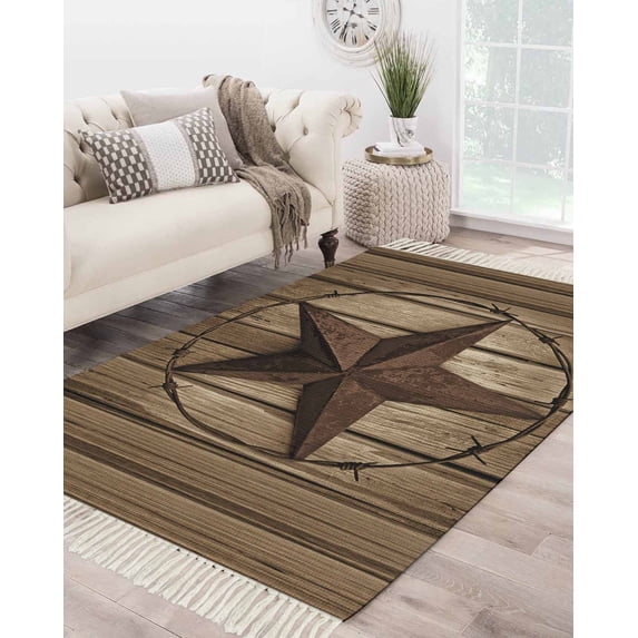 Western Star Retro Large Area Rug 4x6ft Woven Runner Rug,Brown Vintage Wood Grain Washable Living Room Bedroom Kitchen Bathroom Classroom Carpet with Tassels,Indoor Outdoor Throw Door Mat