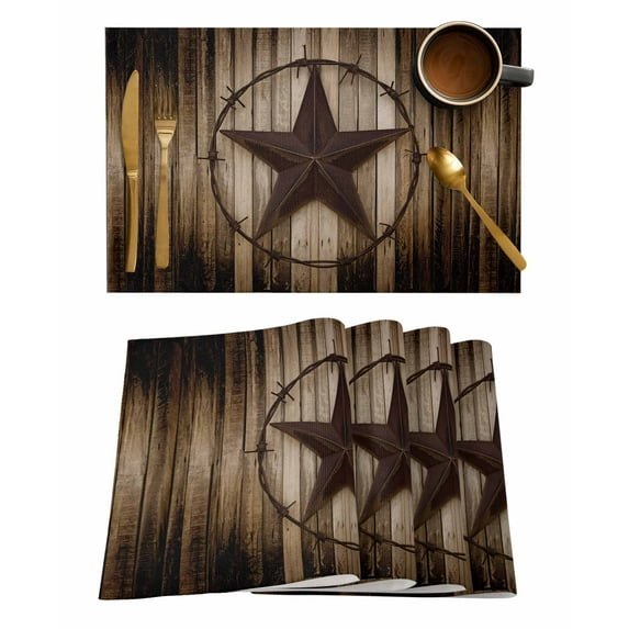 Western Star Retro Placemats Set of 4, Vintage Brown Wood Barn Placemats for Dining Table, Place Mats for Kitchen Tabletop, Waterproof Wipeable Dining Table Mats Set