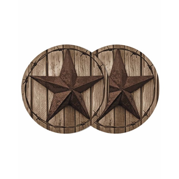 Western Star Retro Round 13 Inch Placemats Set of 2, Brown Vintage Wood Grain HeatResistant Non Slip Place Mats for Dining Table, Wipeable Braided Kitchen Table Mats for Housewarming
