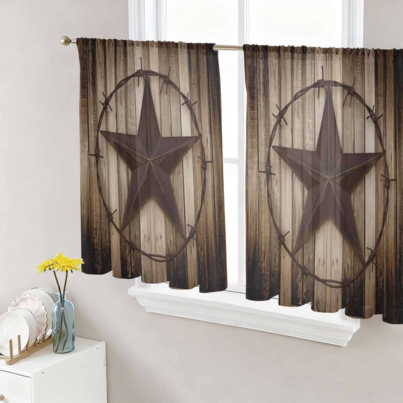 Western Star Retro Semi Sheer Window Curtains 54 Inches Long, Vintage Brown Wood Barn Rod Pocket Voile Chiffon Curtain Light Filtering Drapes for Living Room, Kitchen, Bedroom, 52"x54", 2 Panels