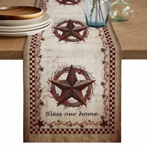 Western Star Retro Table Runner, Country Texas Stars Res Buffalo Plaid Washable Cotton Linen Table Runners 60 Inches Long, Dresser Scarf Runner for Coffee/TV Stands/Kitchen/Cabinets 13''x60''
