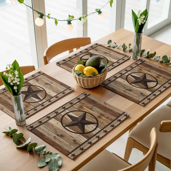 Western Star Retro Wooden Board Placemats Set of 4,Wipeable Washable Table Mats for Dining Tables, Farmhouse Brown Plank Place Mats for Kitchen Event Party Tabletop Decor