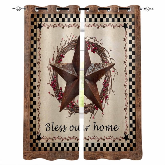 Western Star Vintage Blackout Curtains for Bedroom Living Room Darkening Curtains 54 Inch Long Country Texas Stars Buffalo Plaid Brown Short Curtain for Small Window Treatment Drapes 42"x54"x2