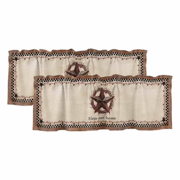 Western Star Vintage Curtain Valances for Windows, Kitchen Valance Window Treatments Panel 2 Pack, Country Texas Stars Buffalo Plaid Brown Rod Pocket Short Curtains for Bathroom Bedroom 42 x 12 Inch