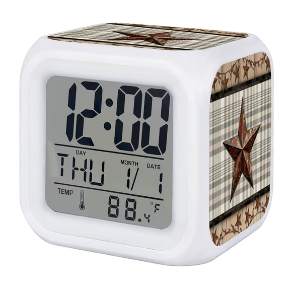 Western Star Vintage Digital Alarm Clock for Bedrooms, Smart LED Alarm Clock with 7 Color Changing Night Light, Farmhouse Wooden Checkered Silent Wake Up Clocks for Sleep Study Cooking 3.2"x3.2"