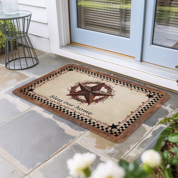Western Star Vintage Door Mat Indoor Outdoor,Country Texas Stars Buffalo Plaid Brown Non Slip Welcome Mat with Rubber Backing,Absorbent Front Door Mats Entryway Rug for Home Patio Entrance 16"x24"