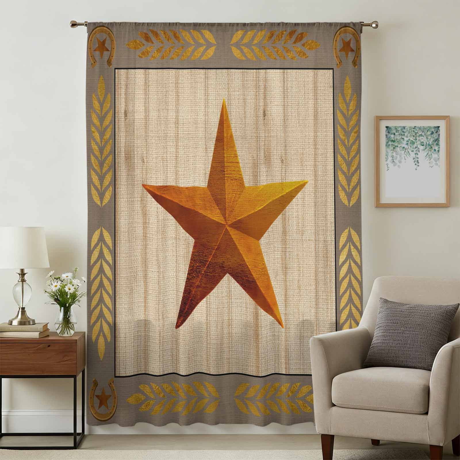 Western Star Vintage Sheer Curtains 96 Inches Long, Country Brown Stars ...