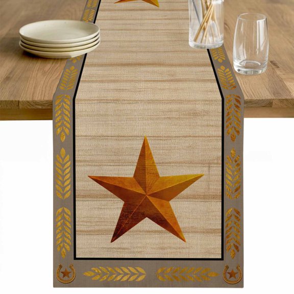 Western Star Vintage Table Runner - 36 Inch Long Country Brown Stars Wheat Ear Border Cotton and Linen Blended Dress Scarves Farmhouse Table Runner for Kitchen Dining, Coffee Table, 13" x 36"