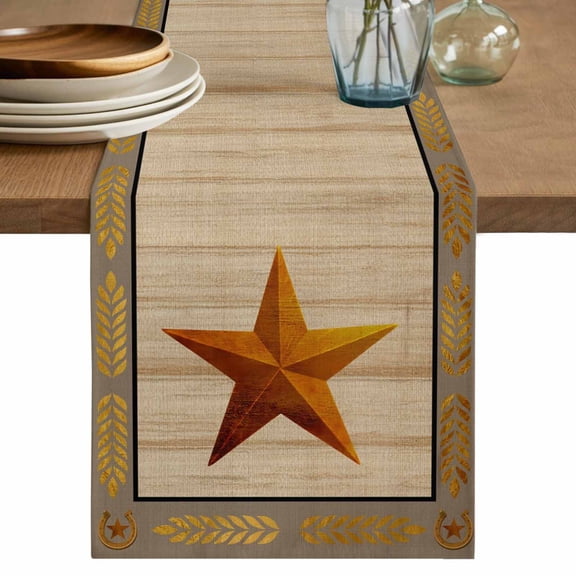 Western Star Vintage Table Runner, Country Brown Stars Wheat Ear Border Washable Cotton Linen Table Runners 72 Inches Long, Dresser Scarf Runner for Dining Tables/TV Stands/Coffee/Cabinets 18''x72''