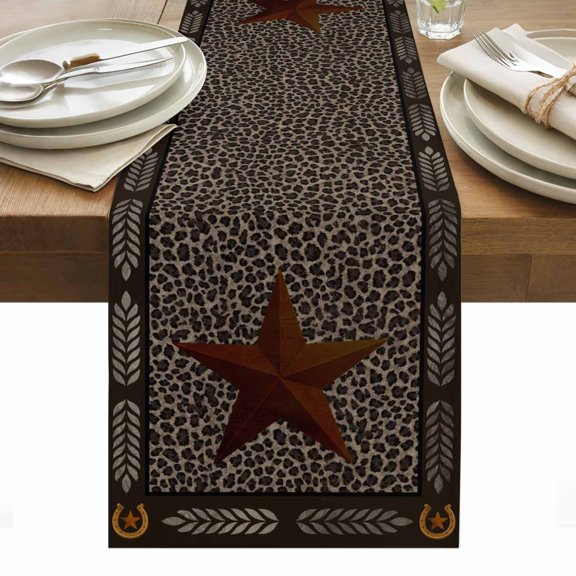 Western Star Vintage Table Runner Leopard Print Black Wheat Ear Border Tablerunners 13 x 48 Inch, Table Decorations Tabletop Scarf for Summer Gathering Holiday Farmhouse Kitchen Dining Decor