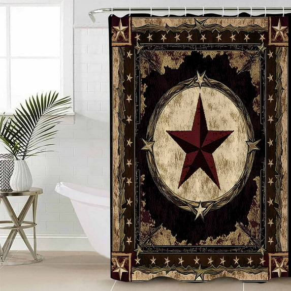 Western Stars Brown Bathroom Curtain 72 Inch Shower Curtain with Hooks, Farmhouse Country Vintage Wood Grain Waterproof Polyester Bath Curtain Washable Bathtub Curtain 48''x 72''