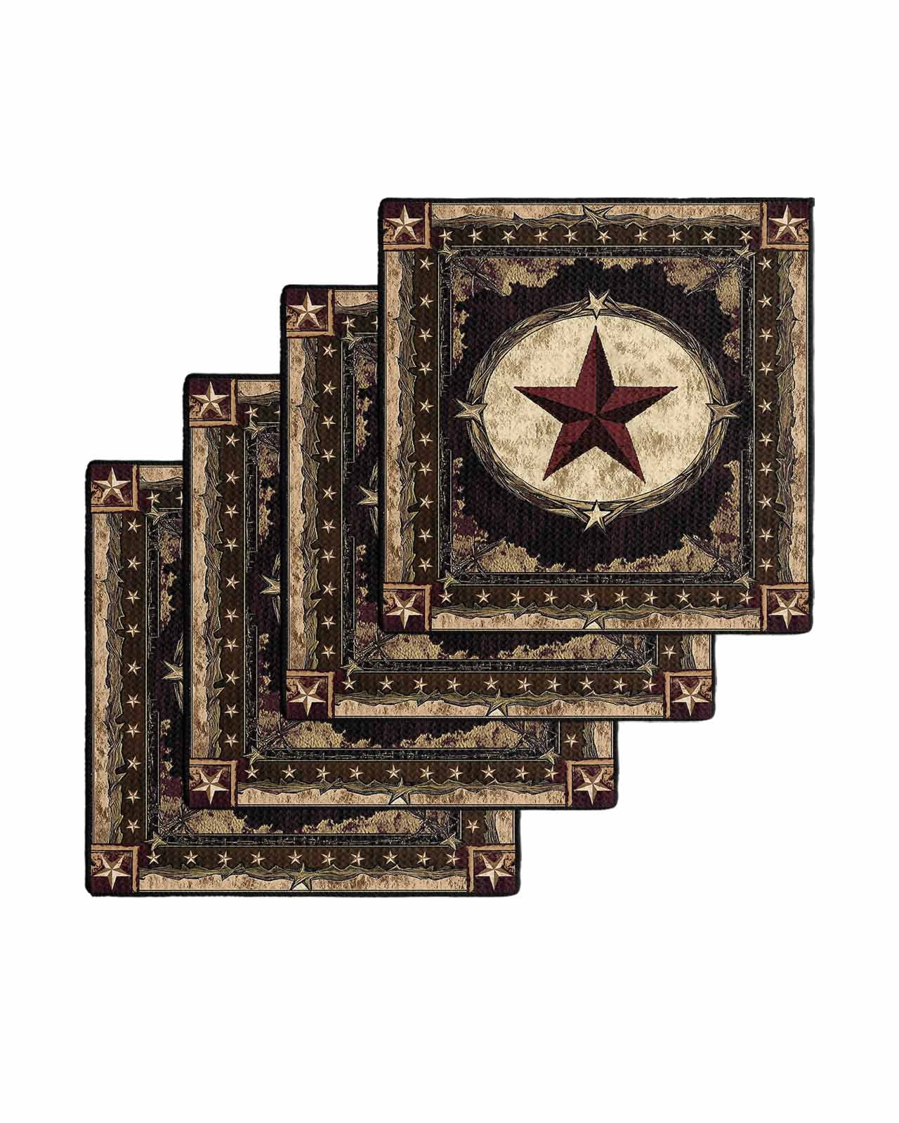 Western Stars Brown Kitchen Dish Towels for Drying Dishes Set of 4, Farmhouse Country Vintage Wood Grain Waffle Weave Microfiber Terry Hand Tea Bathroom Towels Quick Dry & Absorbent Towel 12x12