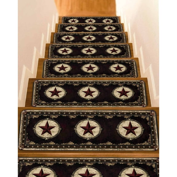 Western Stars Brown Stair Treads for Wooden Steps Indoor Runner Rug Carpet, Farmhouse Country Vintage Wood Grain 4 Pieces Peel and Stick Staircase Step Treads Covers Washable Throw Door Mats, 30"x8"