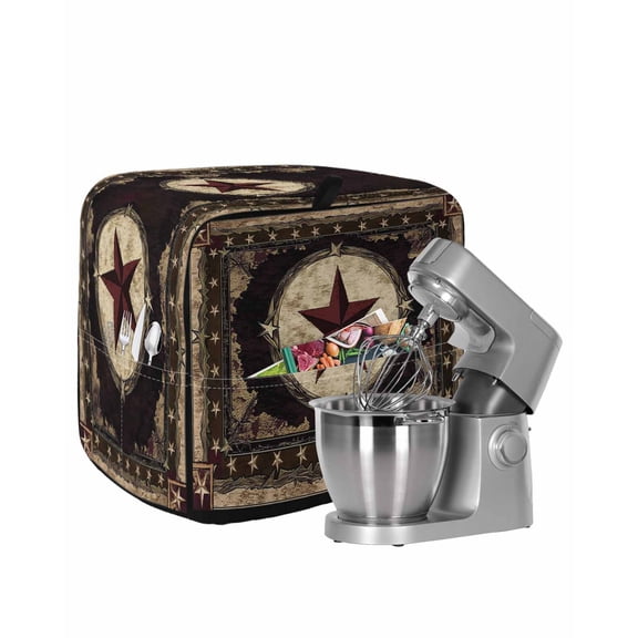 Western Stars Brown Stand Mixer Dust Cover with Storage Pocket & Handles,Farmhouse Country Vintage Wood Grain Fits All Tilt Head & Bowl Lift Kitchen Appliance Cover Organizer Accessories,6-8 Quart