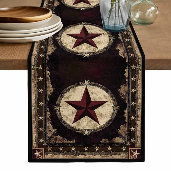 Western Stars Brown Table Runner, Farmhouse Country Vintage Wood Grain Washable Cotton Linen Table Runners 36 Inches Long, Dresser Scarf Runner for Nightstand/End Tables/Round Tables 13''x36''