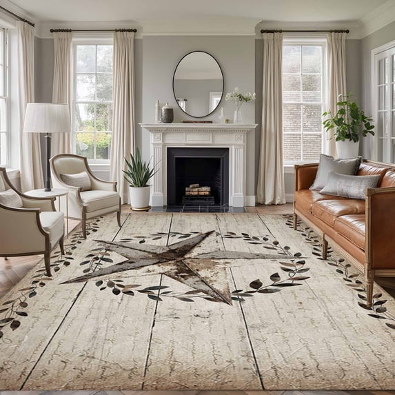 Western Stars Farmhouse Area Rugs 5'x8', Washable Small Throw Rugs for Classroom Bedroom, Vintage Wheat Rings Wooden Stripes Indoor Outdoor Rug Non-Slip Low Pile Carpet Runner Reversible Floor Mats