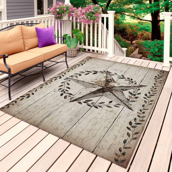 Western Stars Farmhouse Outdoor Rug 4x6 Ft, Non Slip Washable Area Rug, Vintage Wheat Rings Wooden Stripes Patio Rugs Carpet Runner, Large Floor Mat for Indoor/Outdoor Deck Porch Camping
