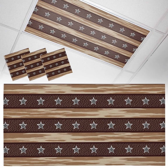 Western Stars Fluorescent Light Covers Vintage Brown Grey Stars Stripes Wood Grain Magnetic Light Filters Ceiling Lighting Panel Shade for Classroom Office Home 2 x 4 ft, 3 Pack
