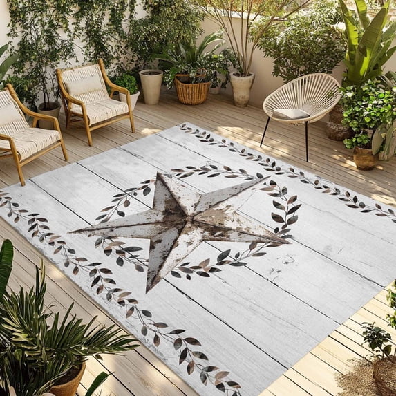 Western Stars Retro Outdoor Rug for Patio/Deck/Porch, Non-Slip Large Area Rug 6 x 9 Ft, Wheat Rings Farmhouse Wooden Stripes Indoor Outdoor Rugs Washable Area Rugs, Camping Rug Carpet Runner