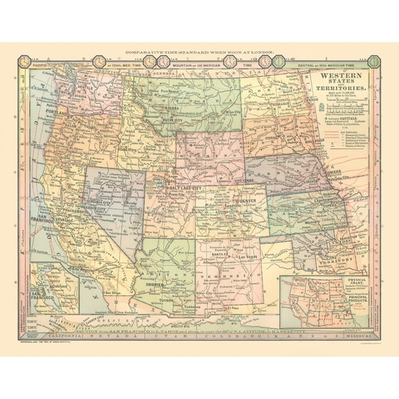 Historic State Map - Western States - Monteith 1882 - Vintage Wall Art