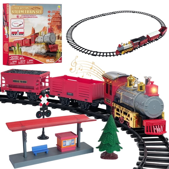GOLDLOK Train Toys for Kids,19 Piece Classic Western Steam Train Set with Lights & Sounds, Locomotive,Passenger Car,12 Tracks, Indoor Toys,Birthday Christmas Gift for Boys & Girls Ages 4-8