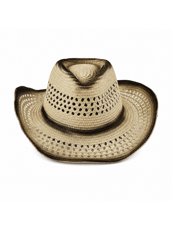 Western Straw Cowboy Hat for Women and Men, Breathable Open Weave Wide Rolled Brim Lightweight Vintage Distressed Sun Hat for Ranch, Camping, Beach and Outdoor Festivals