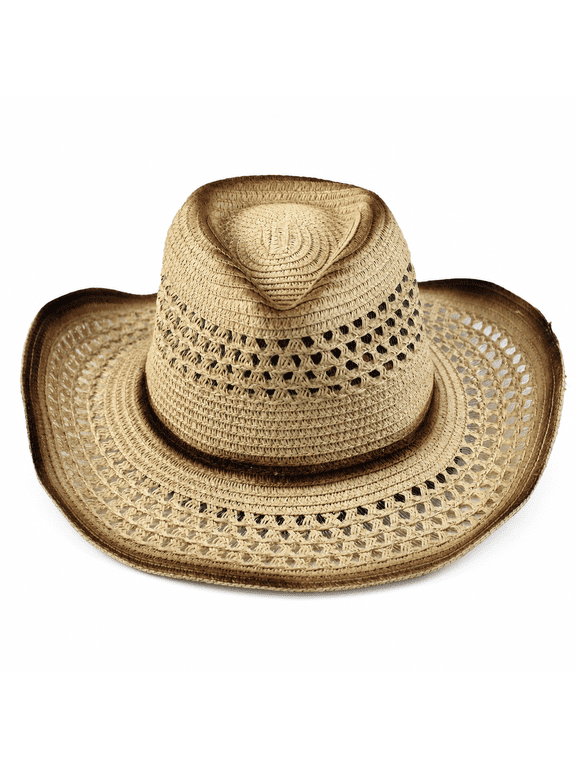 Western Straw Cowboy Hat for Women and Men, Breathable Open Weave Wide Rolled Brim Lightweight Vintage Distressed Sun Hat for Ranch, Camping, Beach and Outdoor Festivals
