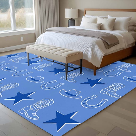 Western Style 6x9 Rug for Dining Room Table and Chair Setup, Country Blue Horseshoe Boots Cowboy Hat Stars Low Pile Washable Non Slip Rectangle Area Rug