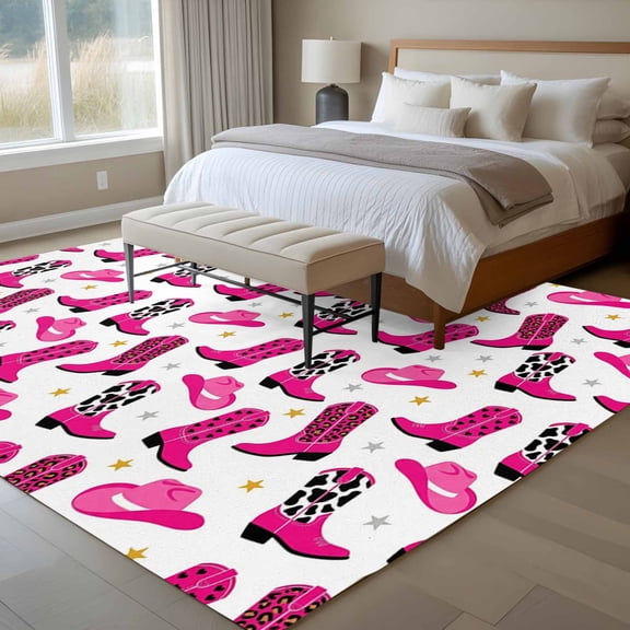 Western Style 6x9 Rug for Dining Room Table and Chair Setup, Rose Pink Leopard Print Boots Cowboy Hat Stars Low Pile Washable Non Slip Rectangle Area Rug