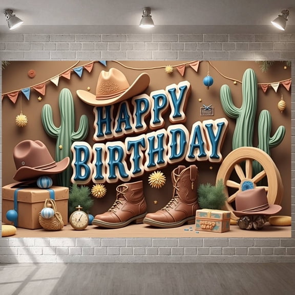 Western Style Banner 3D Lettering Cowboy Birthday Backdrop Brown Blue Tone Cowboy Boots Design Birthday Party Display for Kids Birthday Party Western Themed Party Indoor Celebration