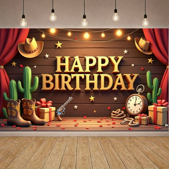 Western Style Banner Cowboy Elements Western Backdrop Cactus Decor Golden 3D Letters Wild West Banner for Birthday Party Western Theme Party Photo Shoot
