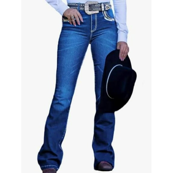 Western Style Boot Cut Jeans, High Rise Fit, Decorative Belt, Dark Blue Denim (US, Alpha, Small, Regular, Regular, Blue)