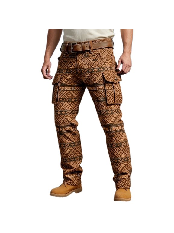 Western Style Cargo Pants Relaxed Fit Casual Trousers With Multiple Utility Pockets For Outdoor Daily Wear/Brown/L