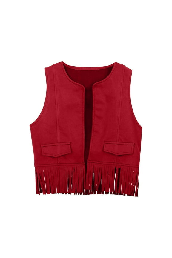 Western-Style Cowboy and Cow Girl Vest for Boys and Girls, Tassel Fringe Waist Coat Top Party Wear, Brown Suede-Like Vest with Western-Inspired Design