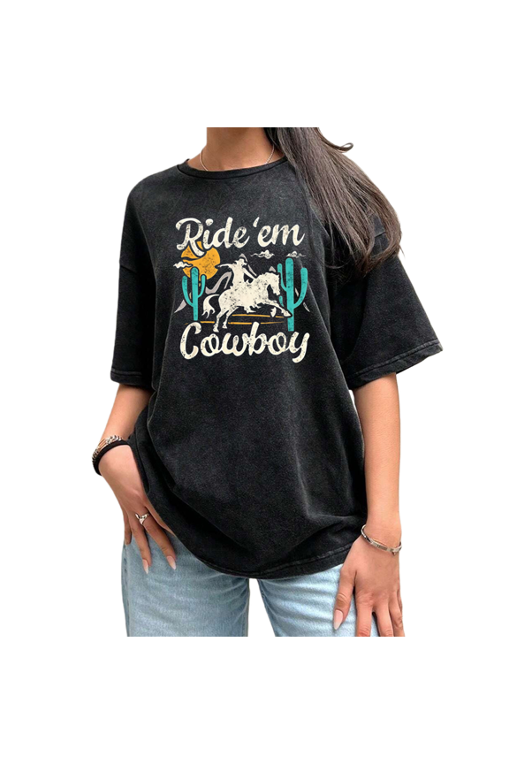 Western Style Enthusiast Rodeo Vibes Womens Black Enzyme Washed Graphic T-Shirts Tops