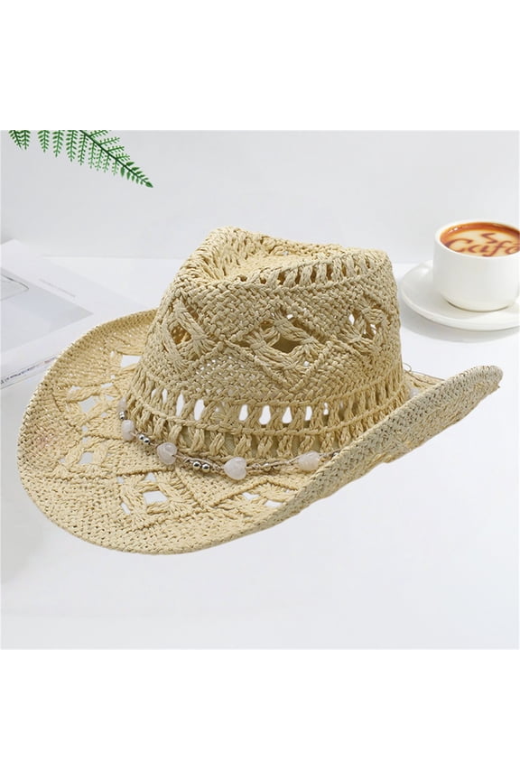 Western Style Hollow Out Cowboy Hat, Breathable Woven Wide Brim Sun Hat for Women and Men, Fashion Beach Hat for Garden Party, Country Fair and Music Festival Accessory​-Beige