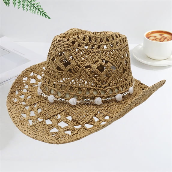 Western Style Hollow Out Cowboy Hat, Breathable Woven Wide Brim Sun Hat for Women and Men, Fashion Beach Hat for Garden Party, Country Fair and Music Festival Accessory-Khaki