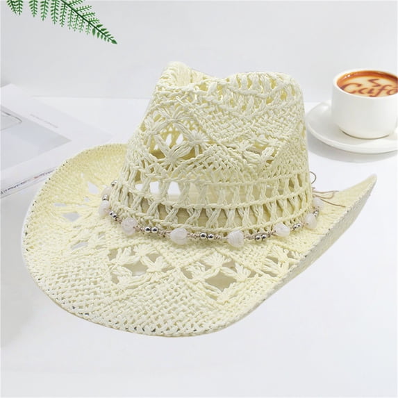 Western Style Hollow Out Cowboy Hat, Breathable Woven Wide Brim Sun Hat for Women and Men, Fashion Beach Hat for Garden Party, Country Fair and Music Festival Accessory-Light Yellow