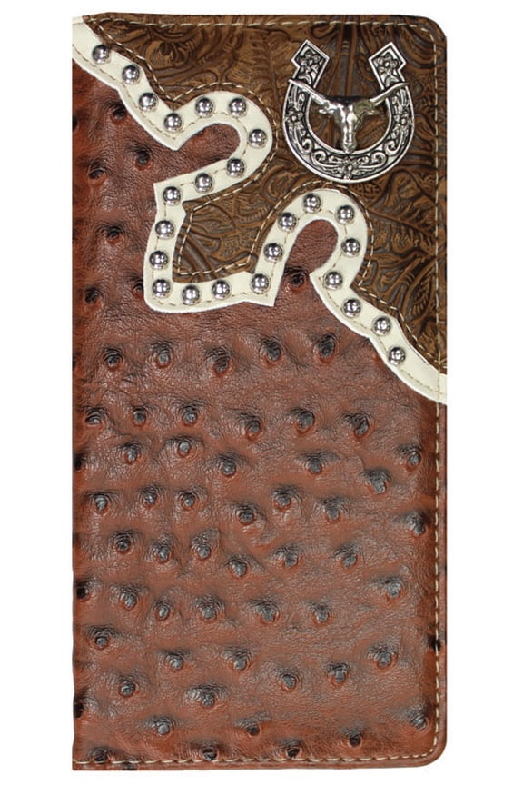 Western Style Leather Checkbook Wallet  Longhorn Concho  Ostrich Brown