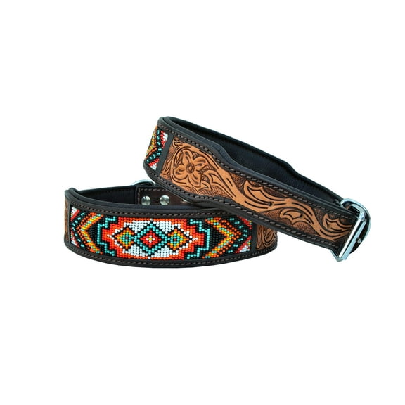 Western Style Leather Dog Collar Heavy Duty Hand Tooled Beaded and Padded for Big Dogs 10AB002