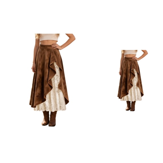 Western Style Skirt with Alluring Lace Inserts, Boho Mid Length A-Line Denim, Women's Casual Elastic Waist Frayed Hem Distressed Hippie Long Maxi