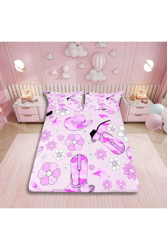 Western Style Twin Bed Sheets Set,Cowgirl Boots Hat Flower Bedding Set for Girls Kids Bedroom Decor,Purple Camo Sheets Rustic Country Groovy Floral Fitted Sheet Set 3Pcs